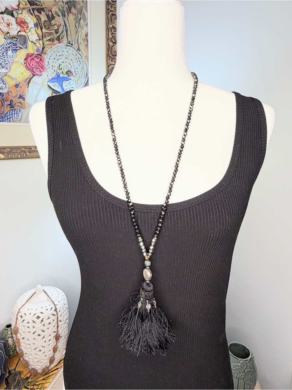 Black Glass Bead Tassel Necklace 19” Boho Statement Fringe NWOT Adjustable